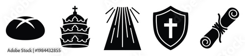 Symbolic depiction of spiritual and Christian concepts featuring sacred bread, papal tiara, divine light, cross shield, and ancient scroll, ideal for religious publications and educational