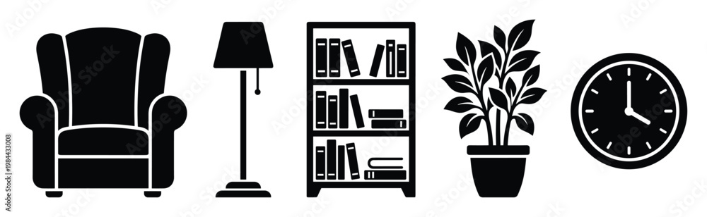 Fototapeta premium A collection of interior furniture and home accessory icons featuring an armchair floor lamp bookshelf houseplant and wall clock for cozy living space concepts or household item graphics
