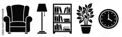A collection of interior furniture and home accessory icons featuring an armchair floor lamp bookshelf houseplant and wall clock for cozy living space concepts or household item graphics