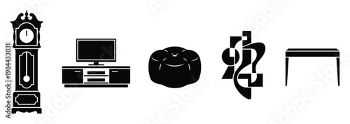 Diverse home furnishings and decorative object silhouettes such as a classic clock, modern media center, comfortable pouf, abstract decor, and a sleek table, ideal for architectural