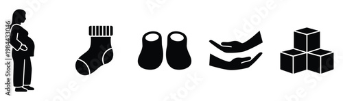 Pregnant woman silhouette with baby socks, infant booties, cupped hands, and building blocks symbolizing new life, growth, and parental care, ideal for maternity and child development themes