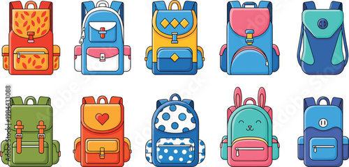 School backpacks vector set with colorful bags for kids students travel and education accessories isolated on white background illustration collection design
