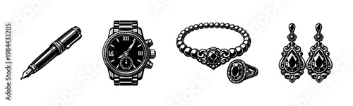 Elegant vintage accessories illustration, watch, jewelry, pen, black and white vector elements