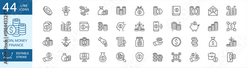 Coin, money, dollar and finance icon set. Containing icon symbol : penny, coins bag, investment, salary, income, earnings, wealth piggy bank, purse, wallet, insurance, financial, businessman, donation