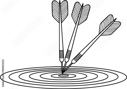 Darts hitting bullseye target board, aiming for success game sport