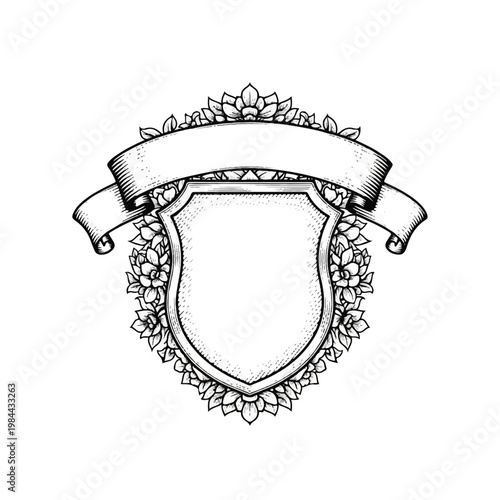 Heraldic shield with ribbon banner crest.