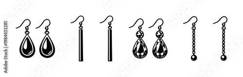 Vector illustration of various earring designs in black and white silhouette style