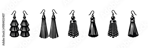 Black and white silhouette of various tassel earrings, jewelry design, vector illustration
