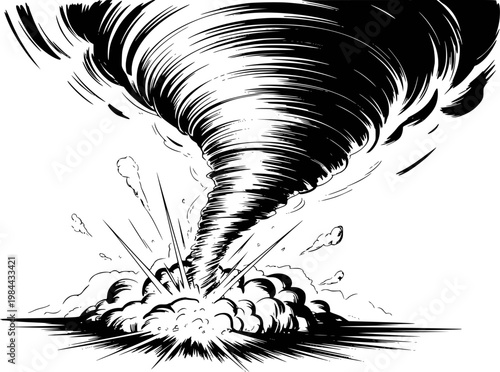 Dynamic black and white of a powerful tornado, comic book style, with debris and explosion at its base