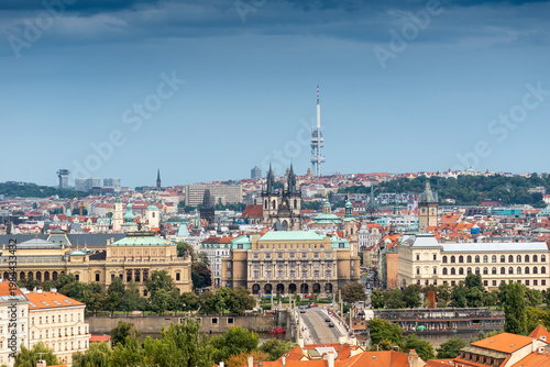 Photos Prague city skyline with Zizkov Television Tower. Czech Republic