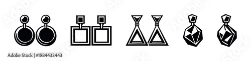 Stylish earring design collection, geometric shapes and modern style, black and white vector illustration