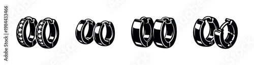 Black and white vector illustration of hoop earrings set featuring various styles