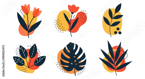 Modern Botanical Illustration Set Abstract Floral and Leaf Designs with Organic Shapes, Perfect for Contemporary Graphic Projects and Nature-Inspired Art