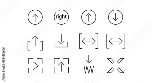 Versatile collection of line art UI and UX icons featuring essential directional arrows, data transfer, expansion, and collapse symbols for modern web and app interface design