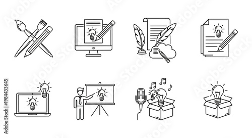 Illustrative Line Icons Set Representing Creative Concepts, Idea Generation, Content Creation, and Innovative Brainstorming Processes
