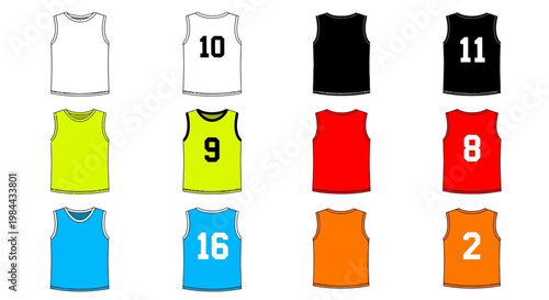 A vibrant collection of blank and numbered sleeveless athletic shirts, perfect for designing custom team uniforms or sports apparel concepts in various colors and styles
