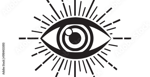 A black and white image of an eye with sun rays