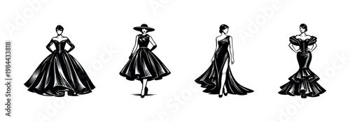 Elegant fashion silhouette illustrations of women in formal dresses black and white vector art