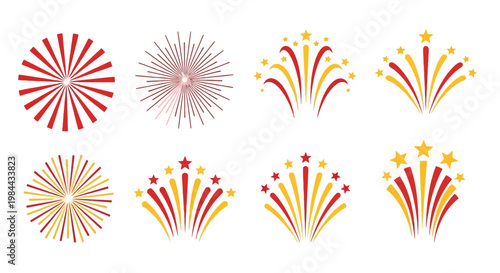Vibrant vector set of celebratory firework bursts and pyrotechnic explosions, perfect for festive occasions, holiday designs, and party decorations