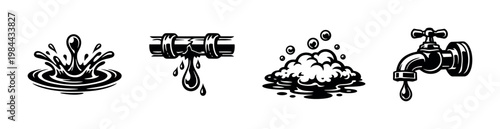 Vector illustration of plumbing elements featuring leaky pipes and tap with water droplets silhouette