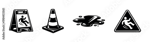 Black and white vector silhouette of slippery surface warning signs and traffic cone illustrations