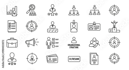 Collection of career, recruitment, and human resources icons representing job search, hiring process, and professional development