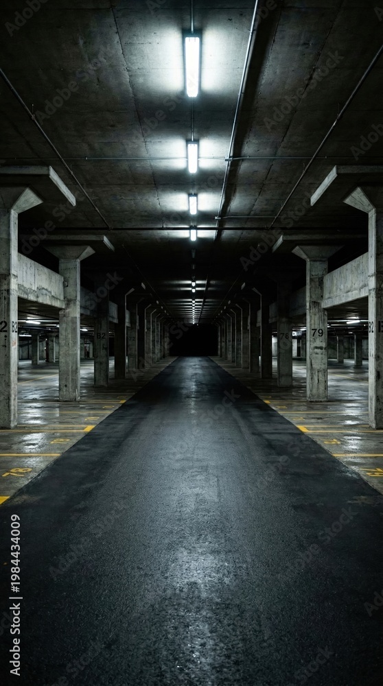 Obraz premium An empty underground parking garage with concrete pillars and overhead fluorescent lights leading into darkness. Moody industrial atmosphere with strong perspective. Ideal for urban design themes.