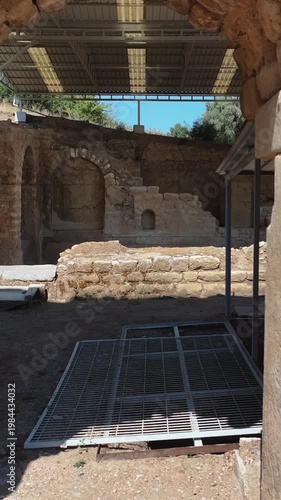 Metropolis Ancient City Drone Vertical Footage Izmir Turkey Archaeological Site (High-quality vertical drone footage of Metropolis Ancient City in Izmir, Turkey. Featuring stunning aerial perspectives