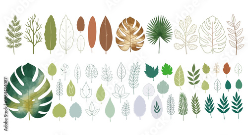Collection of various stylized botanical leaf illustrations in different colors and artistic styles