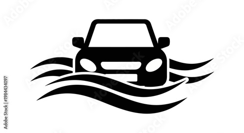 Graphic illustration of an automobile navigating or stuck in deep water, conveying flood warning, car trouble, or hazardous driving conditions