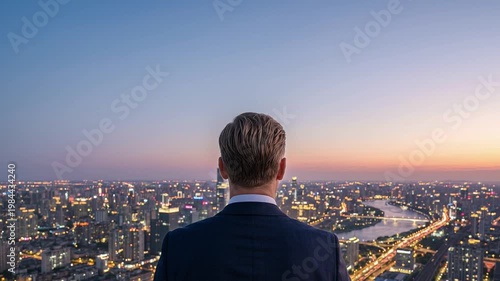 Slow camera move behind a businessman overlooking a glowing city skyline at sunset, symbolizing ambition, success, and future vision.