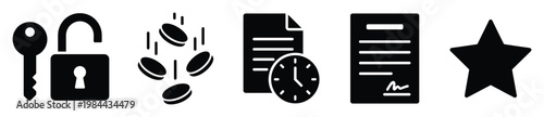Collection of essential business and finance glyph icons covering security, money, time, contracts, and ratings, perfect for digital interfaces, corporate presentations, and application