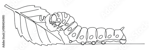 Seamless single line drawing capturing a caterpillar slowly eating a plant leaf, excellent for biology lessons, childrens books and nature themed visual projects