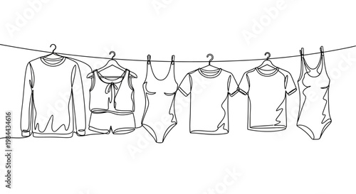 Stylish monochrome one-line illustration of diverse apparel, including swimwear and casual wear, hanging on a washing line, symbolizing everyday fashion and home life