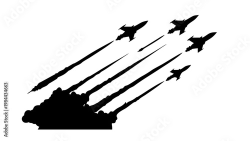 Fighter Jet Aircraft Squadron Flying in Formation Silhouette Art
Military Plane Airshow Performance Vector with Exhaust Trails