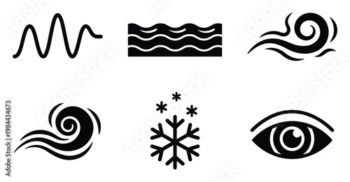 Set of conceptual black glyphs representing natural phenomena, sensory perceptions, and environmental conditions, perfect for user interface applications and informational graphics.