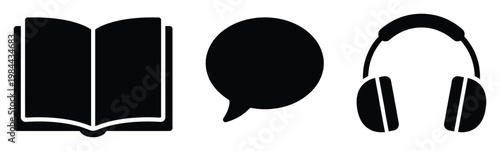 Versatile set of black silhouette symbols depicting an open book, speech bubble, and headphones, perfect for conveying concepts of reading, speaking, and listening in digital interfaces or