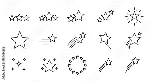 Extensive collection of modern star outline icons, ideal for user ratings, quality reviews, achievement badges, and decorative graphic design elements in a versatile vector style