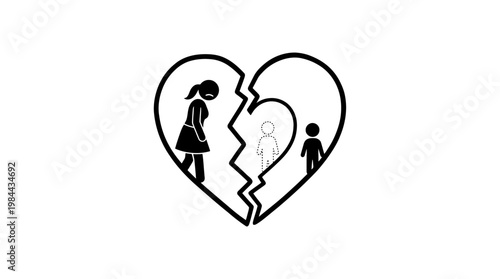 Broken Heart with Family Figures Symbolizing Divorce