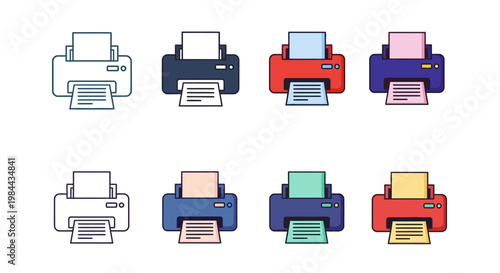 A vibrant collection of digital printer icons, showcasing various color schemes and printing actions for modern web interfaces and technology applications