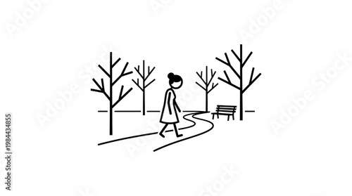 Woman Walking in Park with Bare Trees
