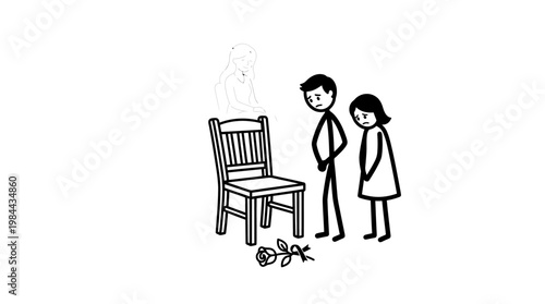 Grieving Couple Beside Empty Chair with Ghost Figure and Rose