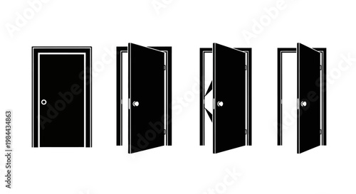 Vector illustration of doors in various stages of opening and closing, from a fully shut position to wide open, symbolizing access, opportunity, and transition