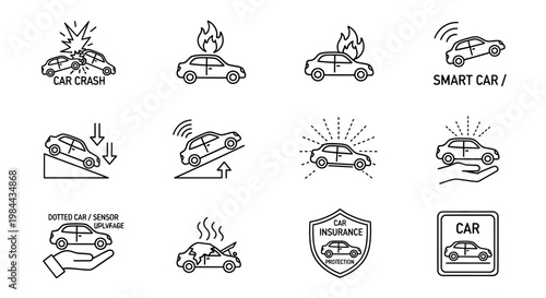 Car Insurance Icons Representing Accidents, Safety, and Protection for Vehicles