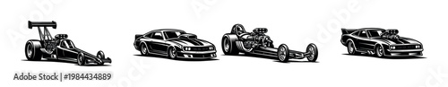 Black and white silhouette illustrations of classic drag racing cars, vintage automotive clipart