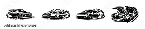 Black and white racing car illustrations with driver, vector clipart of racing cars and driver silhouette