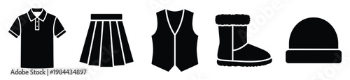Variety of basic garment and footwear icons featuring a casual polo shirt, fashionable pleated skirt, classic vest, cozy winter boot, and warm beanie hat for product catalogs and web