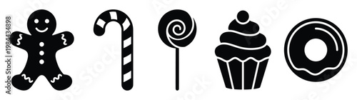 Delicious sweet treats collection with a gingerbread man, candy cane, swirl lollipop, frosted cupcake, and donut for food blogs, menu icons, and holiday advertising needs.