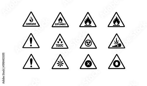 Hazardous liquid warning icon grid vector set with minimal chemical safety symbols