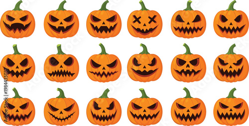 Halloween pumpkin faces vector set with scary jack o lantern expressions spooky carved designs isolated on white background illustration collection